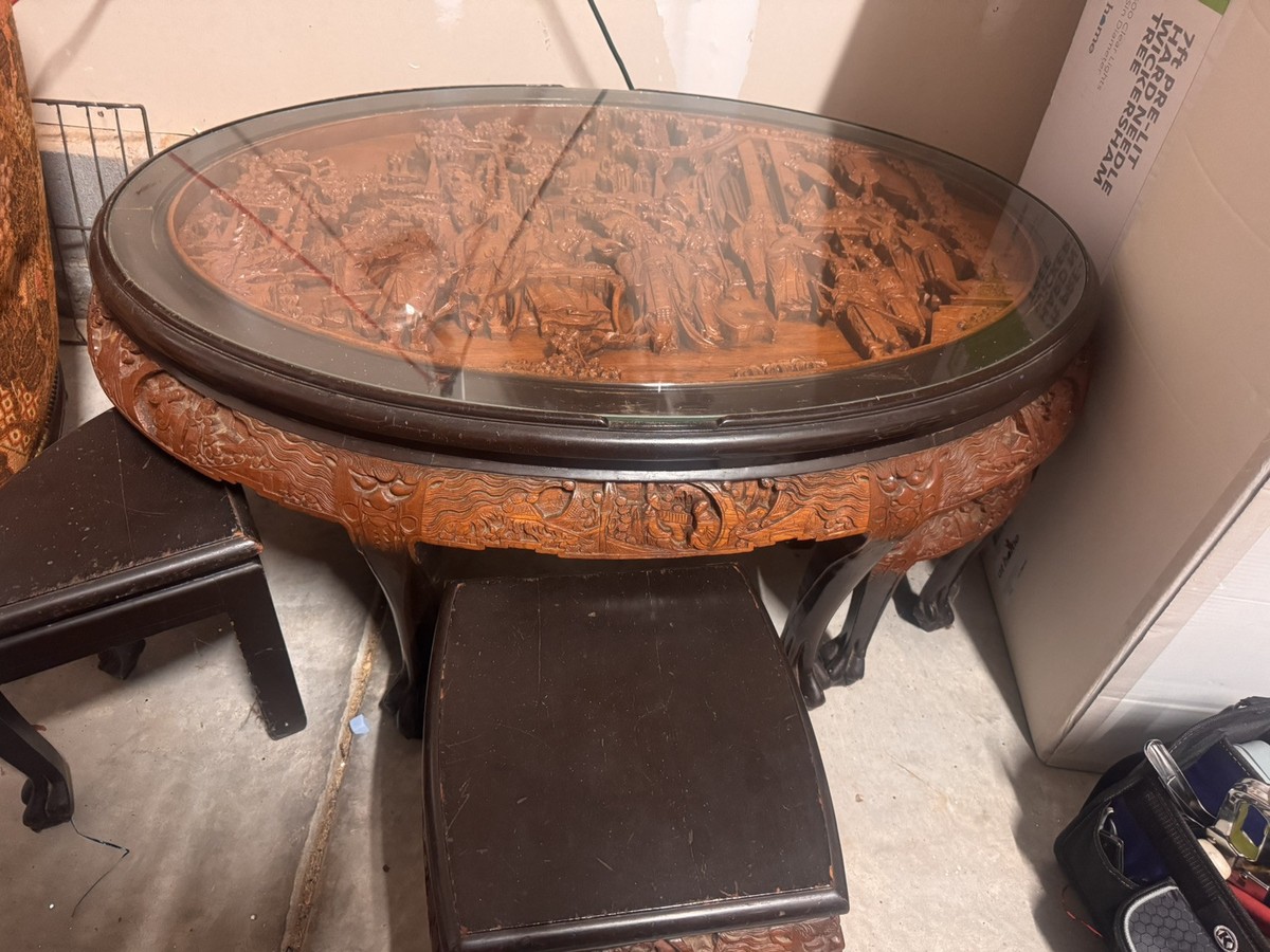TABLE HAND CARVED WOOD COFFEE TABLE & PERSONAL TABLES JAPAN 1940's