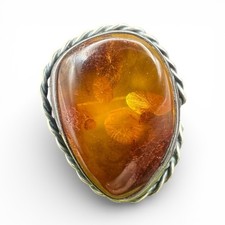 Vtg BIG Sterling Silver Chunky Baltic Cognac Amber Ring 8g Polish Marks Sz 9.75