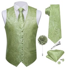 Mens Paisley Vest Tie Set with Lapel Pin Tie Clip 7PCS XX-Large Sage Green