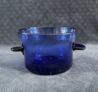 Mid Century  Vintage Free Blown Blue Glass Applied Handles Milk Pan Bowl