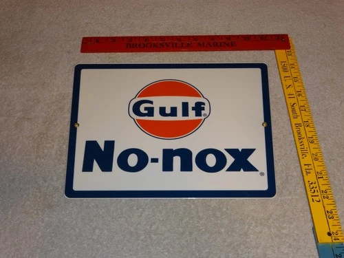 VINTAGE GULF NO NOX GASOLINE DOG EARED 11" PORCELAIN METAL OIL ADVERTISING SIGN