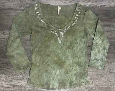 Me & Ko Green Tie-Dye Rhinestone V-Neck Long Sleeve Women's Large Cotton Top