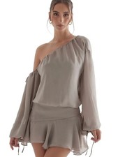 House of CB Off-Shoulder Chiffon Mini Dress XS - Ash Green