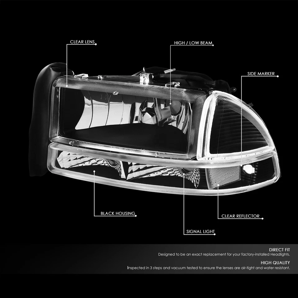 Fit 1997-2004 Dakota Durango Pair Black Housing Clear Corner Headlight/Lamps Set - Image 2 of 4