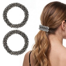 2Pcs Rhinestone Hair Scrunchies Crystal Ties Elastic Holders Clear Gray 
