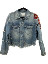 Trafaluc Denim Wear Zara Heavy Distressed Floral Embroidered Fray Jean jacket Sm