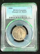 1920 STANDING LIBERTY QUARTER PCGS GENUINE CLEANED AU DETAIL