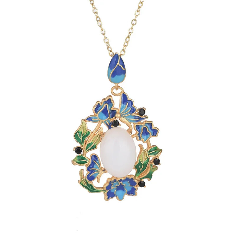 Vintage Burnt Blue Butterfly Mosaic Jade Pendant Necklace