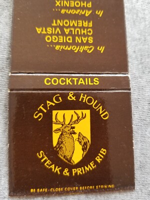 Vtg 2'' FS Matchbook Cover Stag & Hound Prime Rib Cocktails California Arizona