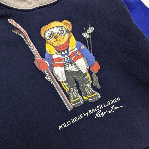 Polo Ralph Lauren Hoodie Bear Print Kids Size 5 Colorblock Navy Gray Red - Picture 2 of 8