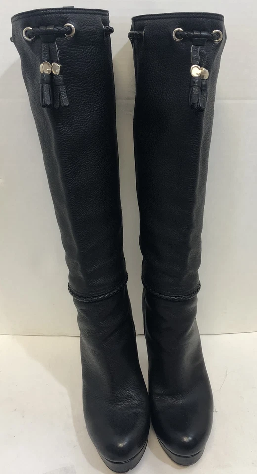 GUCCI Botas de Tacón Alto de Cuero Negro, Cuerda y Borlas 'G' Doradas, Talla 39 1/2/US 9 1/2 Foto 4 de 4