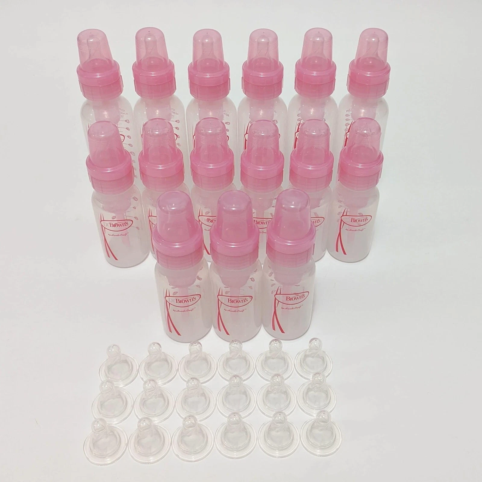 Lot of 15 Dr. Brown's Pink 8oz & 4oz Baby Bottles Set + Extra Nipples Anti-Colic