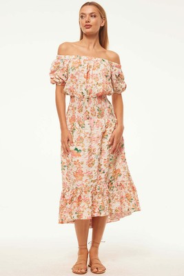 MISA LOS ANGELES NWT $480 Paola Off The Shoulder Midi Dress, Persimmon Crinkle S