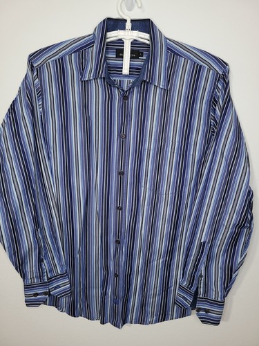 Bugatchi Uomo Men Large Striped Shaped Fit Button Up Long Sleeve Blue Shirt L169