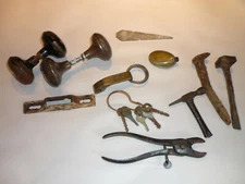 Vtg Lot of 11 Hardware Door Knobs Latch Plate Spikes Key Cement Tool Hammer Head