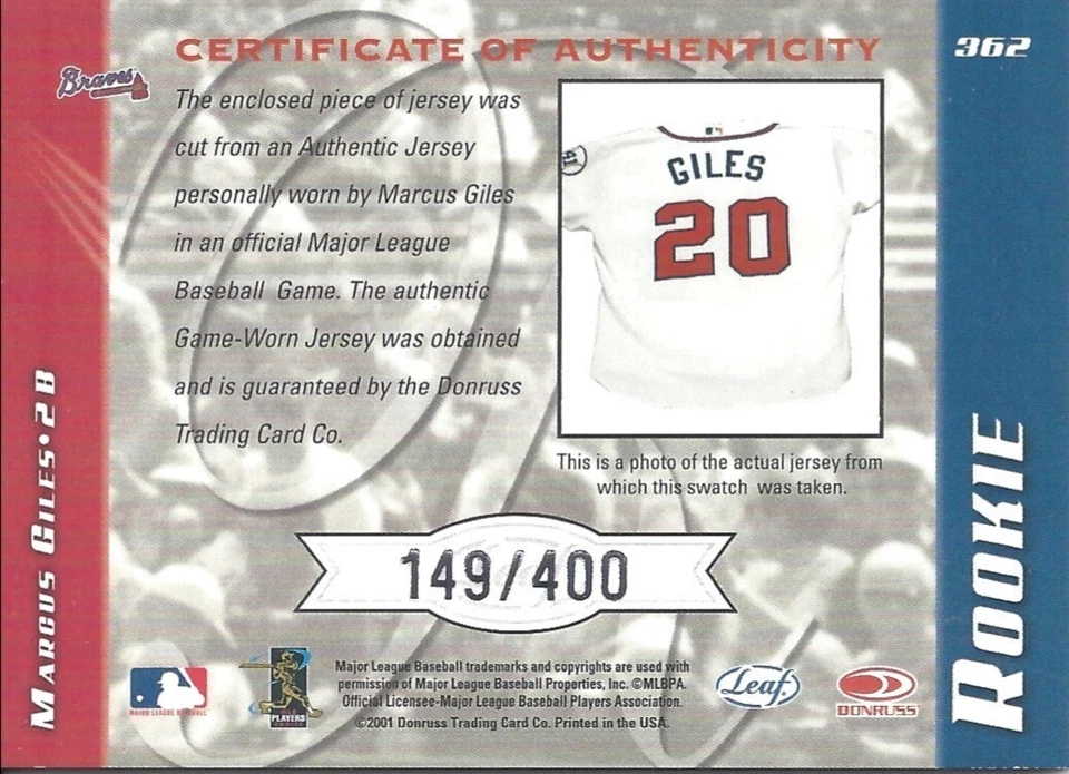 2001 Leaf Limited Rookies Game Used Marcus Giles 362 Braves 149/400 - Image 2 of 2