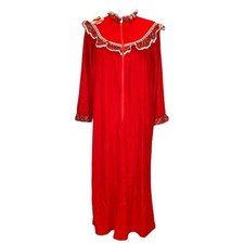 Vintage Christmas Velour Red Housecoat Robe Zip Front Long Plaid Ruffles Small