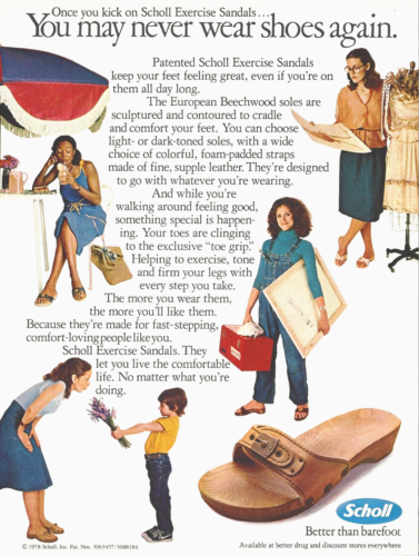 1978 Sandalias de ejercicio Scholl estilo moda vintage estampado anuncio anuncio - Imagen 1 de 1