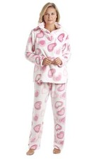 Camille Womens Nightwear White Supersoft Fleece Pink Heart Print Pyjama Set