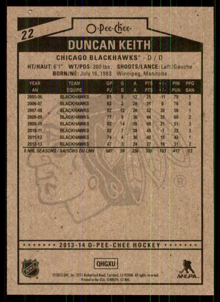 2013-14 O-Pee-Chee Duncan Keith #22 - Image 2 of 2