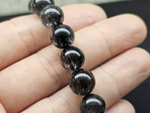 Natural Black Rutilated Quartz Crystal Beads Bracelet 10.1mm - Picture 6 of 7