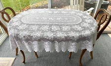 Heritage Lace Alpine Rose Oval Tablecloth White 60 x 82  Heavy Three Dimensional