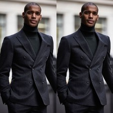 Black Wool Men's Suits Peak Lapel Double Breasted Formal Party Men Tuxedos Pants