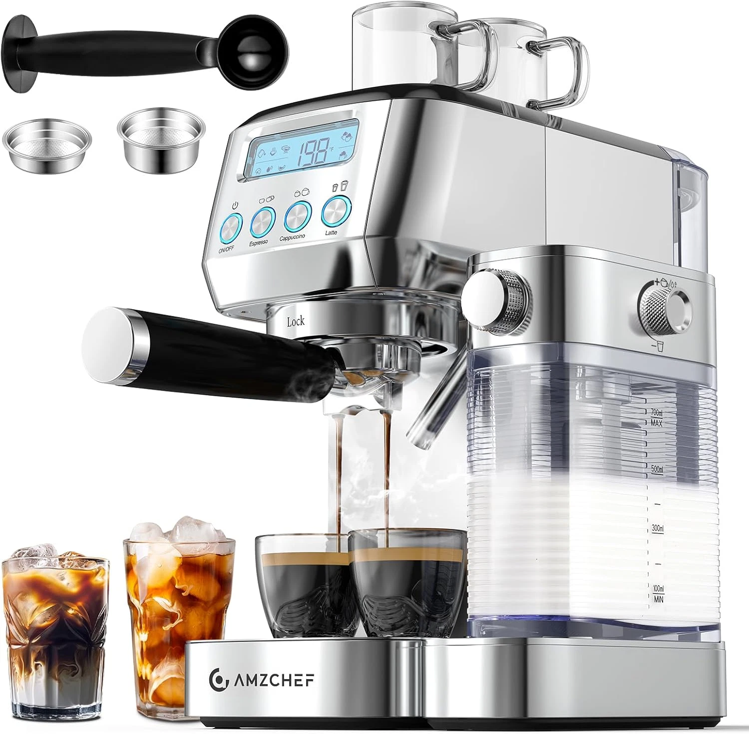 Upgraded Espresso Machine with Automatic Milk Frother & LCD Display, Silver