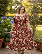 Torrid Tea Length Challis Off-Shoulder Peasant Dress Womens 2X Red Floral Boho