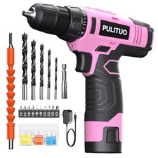 PULITUO 12V Pink Cordless Drill Set - Battery, Charger, Bits, Case