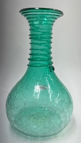 2006 Blenko Blue-Green Crackle Glass 9-1/4" Vase - Sticker, Signed, Dated