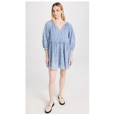 The Great. The Coast Walk Mini Dress in Hand Dyed Mottled Wash Light Blue Puff
