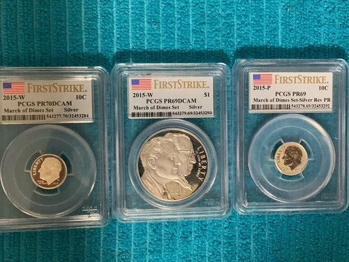 2015 MARCH OF DIMES 3 Coin Set. PCGS PR70DCAM, PR69DCAM + PR69 FIRST STRIKES 💎