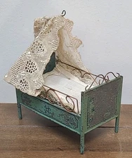 Antique Dollhouse Canopy Bed Painted Tin Victorian 19th Century Decorative Sides