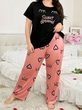 PYJAMA PLUS SIZE 18 20 22 24 BLACK PINK HEART PRINT STRETCH LOUNGEWEAR COMFORT
