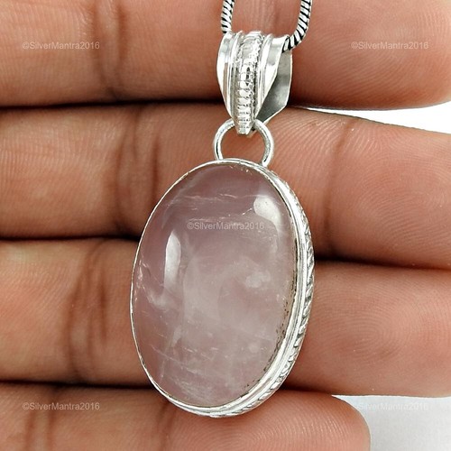 Oval Natural Rose Quartz Solid 925 Silver Wife Handcrafted Pendant Jewellery