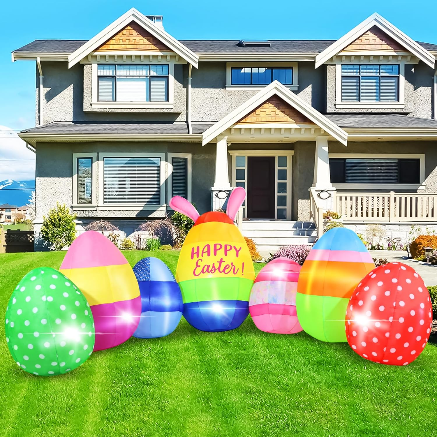Vibrant Easter Eggs Inflatables 12FT Long, Seven Eggs Inflatable Outdoor Decorat