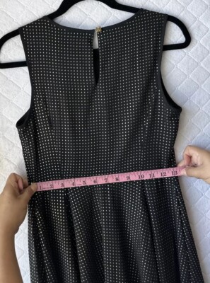 Express Womens Flare Dress Black Gold Studded Polka Dot Sheer V Neck Size 4  | eBay