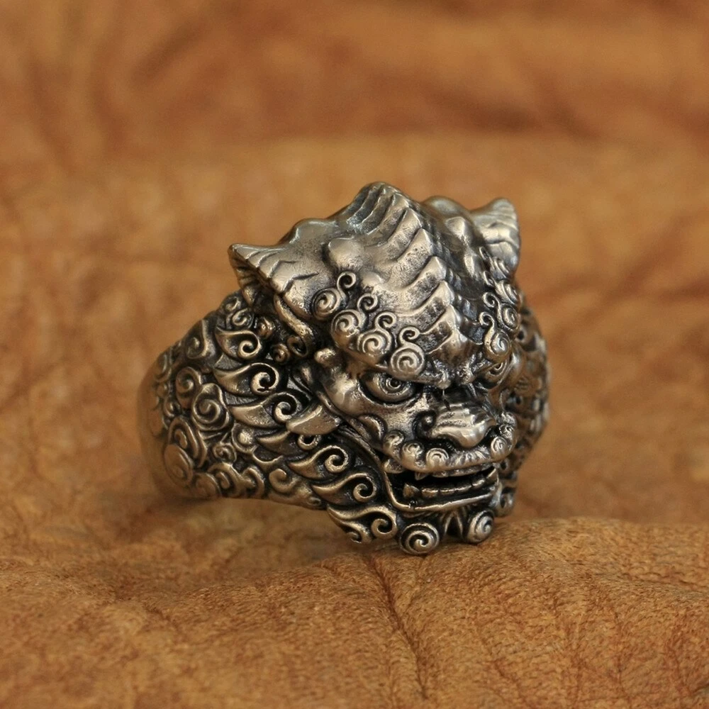 LINSION Cupronickel Chinese Style Lion Ring Mens Biker Punk Ring