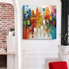 Hand-Painted Texture Oil Painting on Canvas Abstract Wall Art Deco Home red city