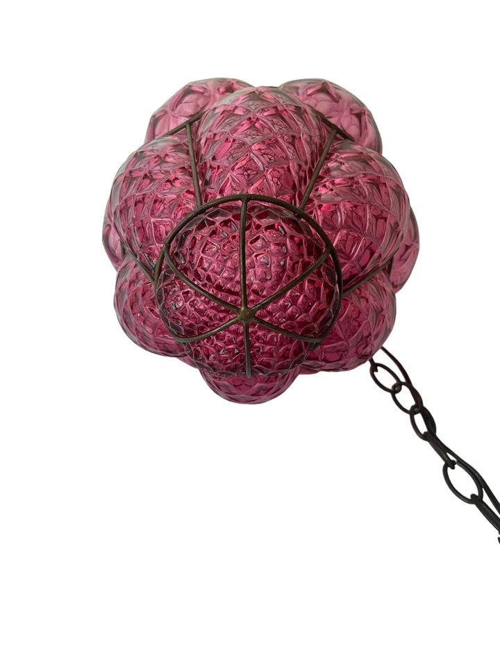 1960s Pink Hand Blown Glass Caged Lamp/Pendant, Hollywood Regency, Boho, MCM - Image 3 of 4