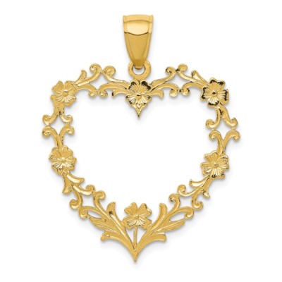 14K Gelbgold mittelgroß floral Blume Herz Charm Anhänger 1,22 Zoll