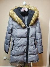 Celsius Premium Womens M Full Zip Gray Hooded Faux Fur Parka Coat 100% Poly #2