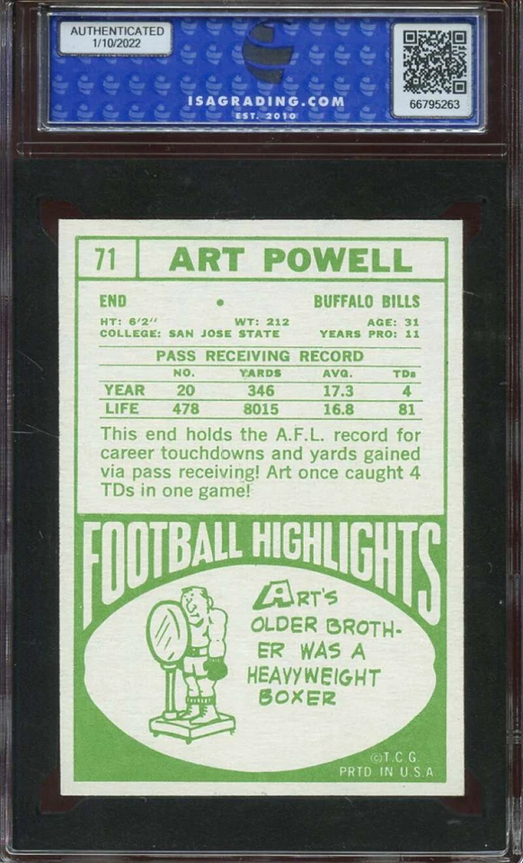 1968 TOPPS #71 ART POWELL ISA 8 BILLS *ADT4849 - Image 2 of 2