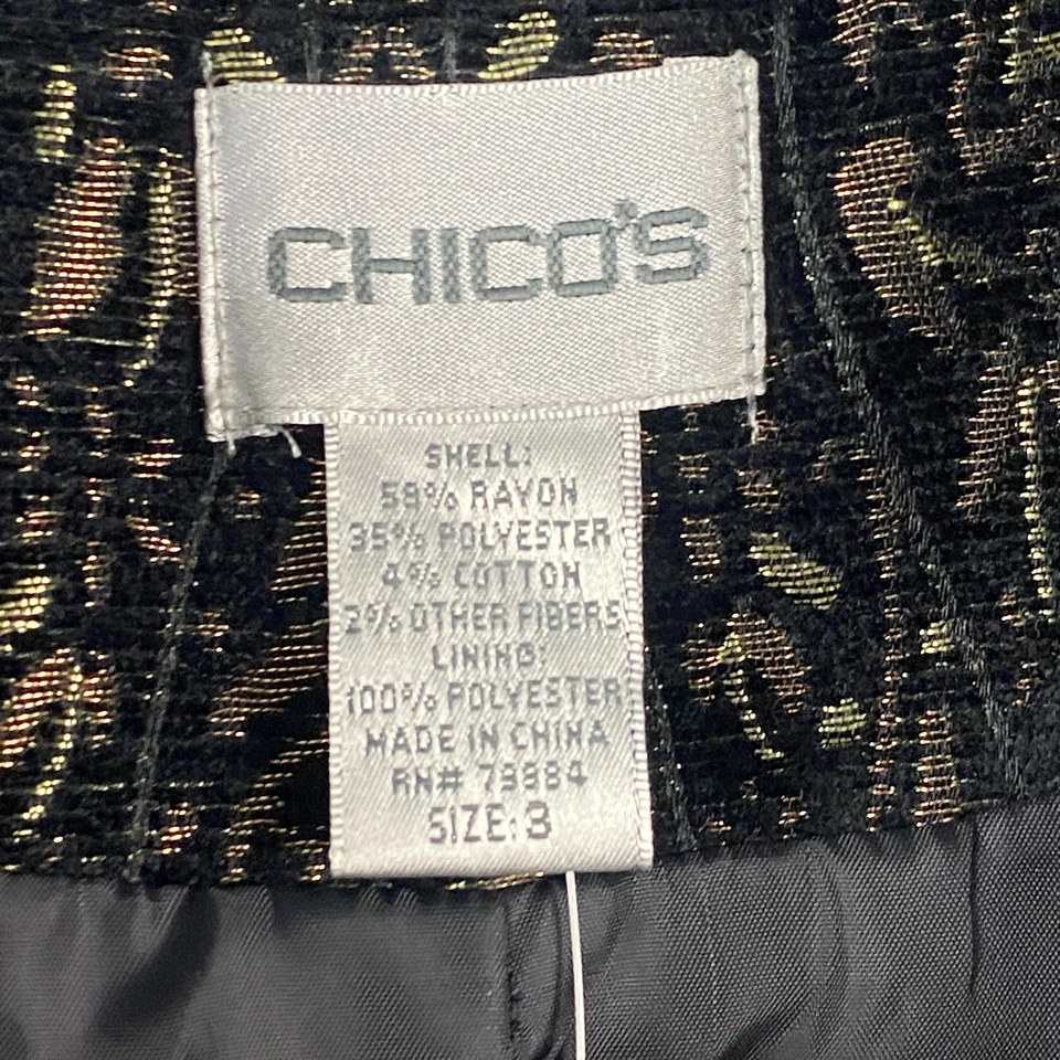 Chicos Jacket Size 3 US XL Black Gold Metallic Lined Brocade Button Front - Image 4 of 4