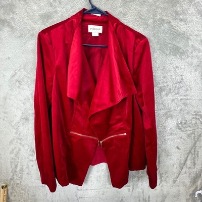 Peck & Peck Womens Red Faux Suede Draped Open Front Moto Jacket Size L Layering
