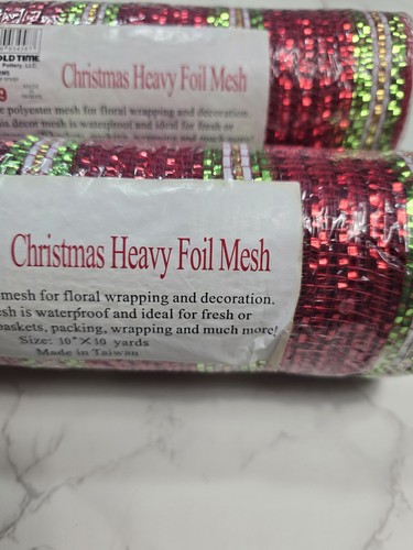 2 Fabric Decorative Mesh Poly 10"X 10 yd Red Green Christmas Heavy Foil Striped - Picture 4 of 10