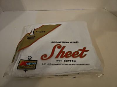 NEW NOS Vintage Kmart Double Fitted Long Wearing Muslin White Sheet .