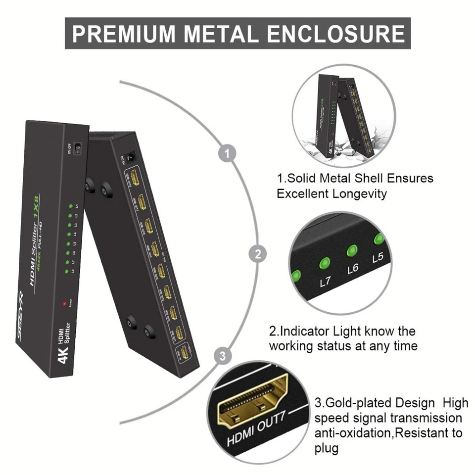 Splitter HDMI 1x8 4Kx2K HDMI 1.4 3D HDCP 1 In 8 Out Amplificato TV Monitor 1080p - Immagine 4 di 4