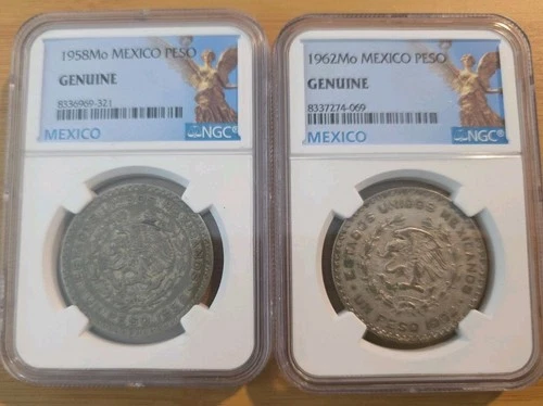 1958 & 1962 Mo Mexico Silver Peso Coins- NGC Graded Genuine